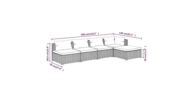Set mobilier de gradina cu perne, 5 piese, maro, poliratan — imaginea 4