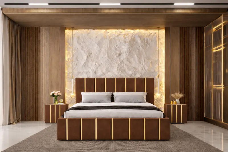 Pat tapitat Hugo 160x200 cm, Maro + Saltea Superortopedica Gold, grosime 20 cm + Set 2 noptiere Hugo, Maro