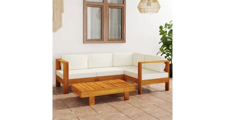 Set mobilier gradina perne alb crem, 5 piese, lemn masiv acacia — imaginea 2