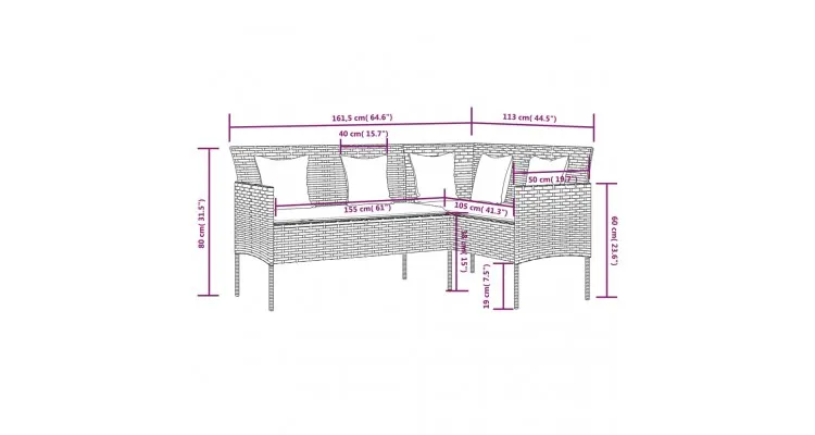 Set mobilier gradina poliratan, forma L, pentru 7 persoane, cu perne incluse, negru — imaginea 4
