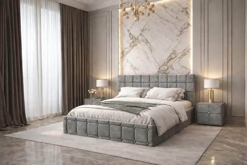 Pat tapitat Royal 140x200 cm, Gri + Saltea Superortopedica Gold, grosime 20 cm + Set 2 noptiere Royal, Gri