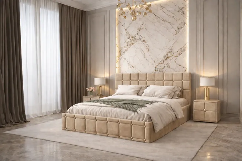 Pat tapitat Royal 140x200 cm, Bej + Saltea Superortopedica Gold, grosime 20 cm + Set 2 noptiere Royal, Bej