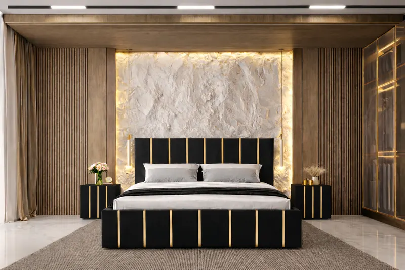 Pat tapitat Hugo 140x200 cm, Negru + Saltea Superortopedica Gold, grosime 20 cm + Set 2 noptiere Hugo, Negru