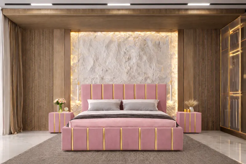Pat tapitat Hugo 140x200 cm,Roz+ Saltea Superortopedica Gold, grosime 20 cm + Set 2 noptiere Hugo, Roz