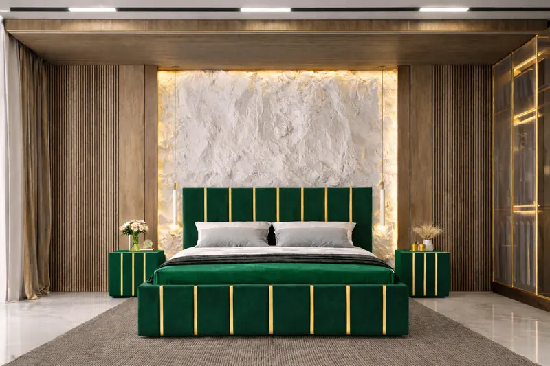 Pat tapitat Hugo 140x200 cm, Verde + Saltea Superortopedica Gold, grosime 20 cm + Set 2 noptiere Hugo, Verde