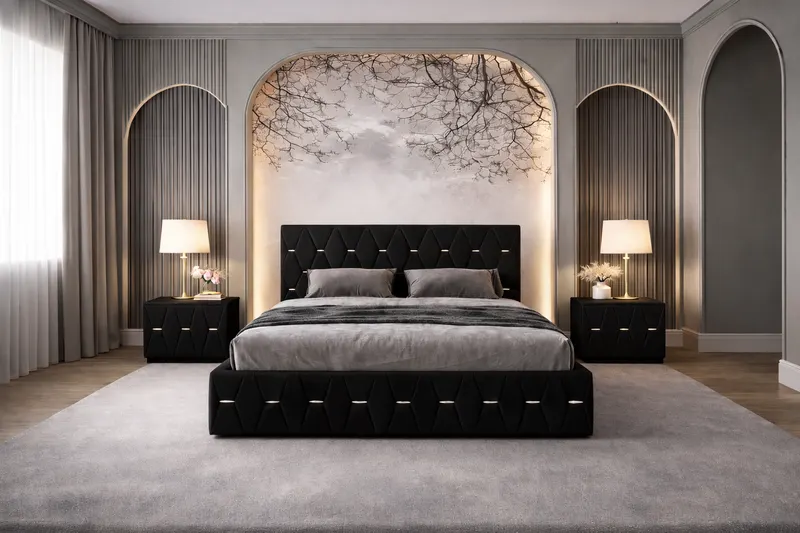 Pat tapitat Nova 180x200 cm, Negru + Saltea Superortopedica Gold, grosime 20 cm + Set 2 noptiere Nova, Negru
