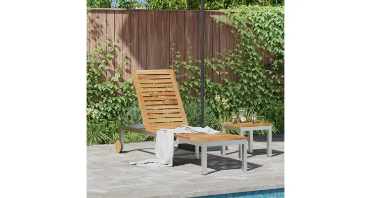 Sezlong cu roti 207x58x35 cm din lemn masiv de acacia si otel inoxidabil — imaginea 2