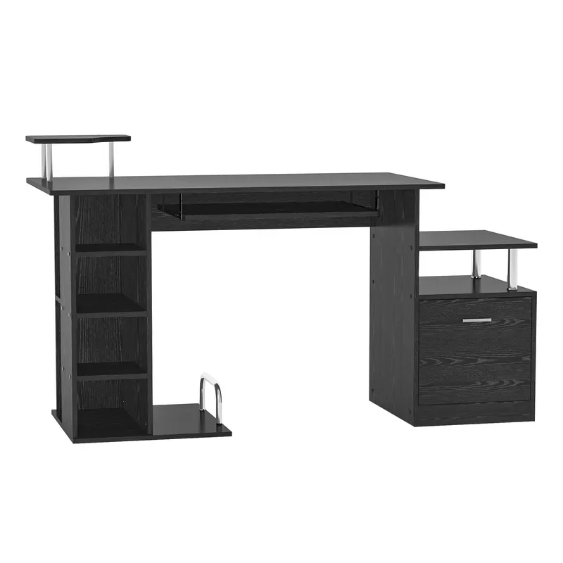 HOMCOM Birou Modern pentru Computer cu Sertare, Rafturi și Suport Detașabil pentru Tastatură, 152x60x88 cm, Negru | Romania