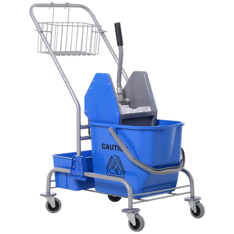 HOMCOM Cărucior Profesional de Curățenie cu Coș Suspendat, Raft și Găleată de 25L cu Storcător, 72x49,5x95 cm, Albastru | Romania