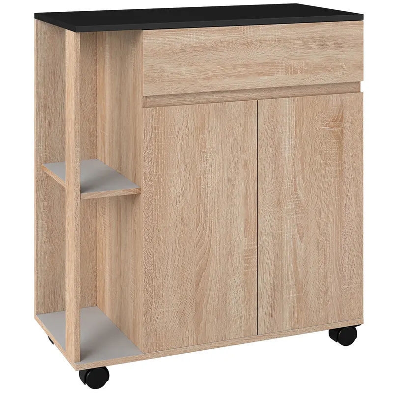 HOMCOM Dulapior de Bucătărie cu Sertare și Roți, Mobilier din Lemn, 78x39.5x88.5 cm, Stejar & Negru | Romania
