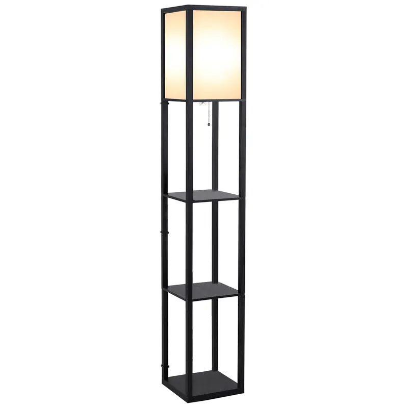 HOMCOM Lampă de podea cu rafturi pentru cărți, Design Modern, 3 Nivele, Cablu Metalic, 26x26x160cm, Negru-Alb | Romania