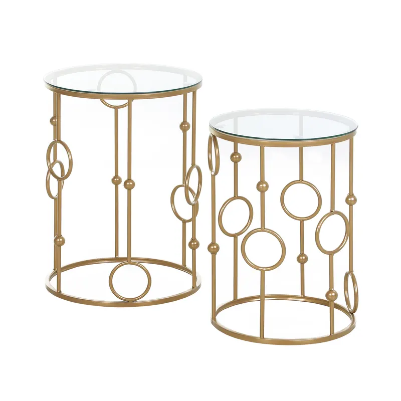 HOMCOM Set 2 Mese de Cafea, Design Modern, Metal și Sticlă, Auriu | Romania