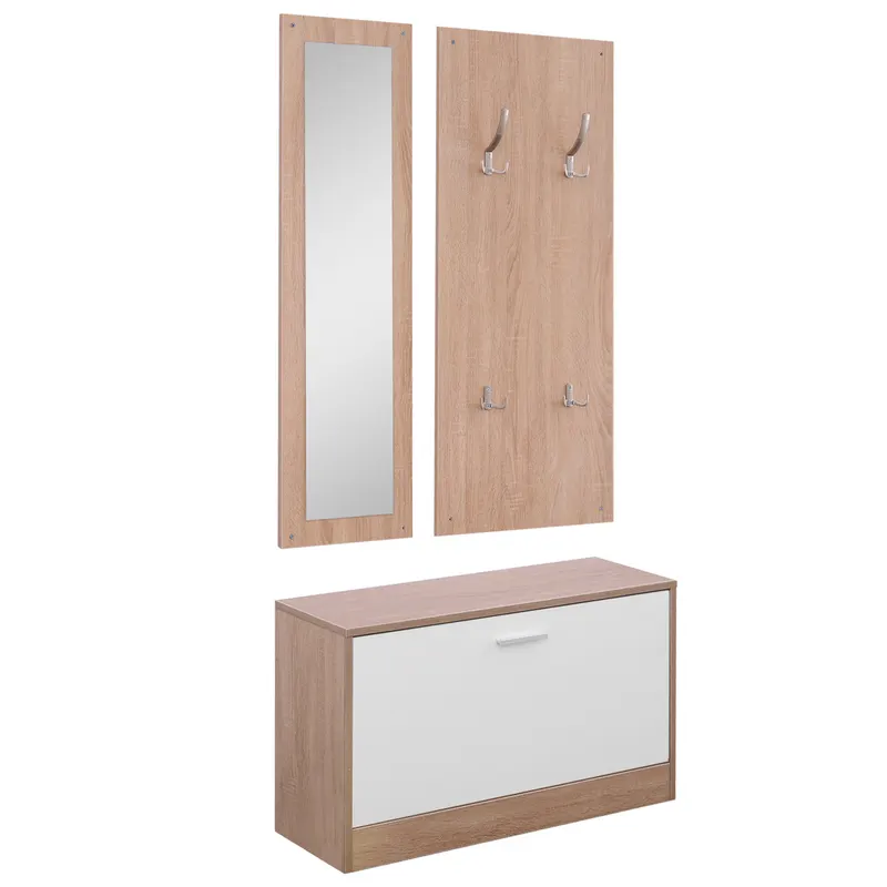 HOMCOM Set 3 Piese Dulap Pantofi cu Cuier si Oglinda pentru Hol in Lemn, 80x27x46.5cm | Romania