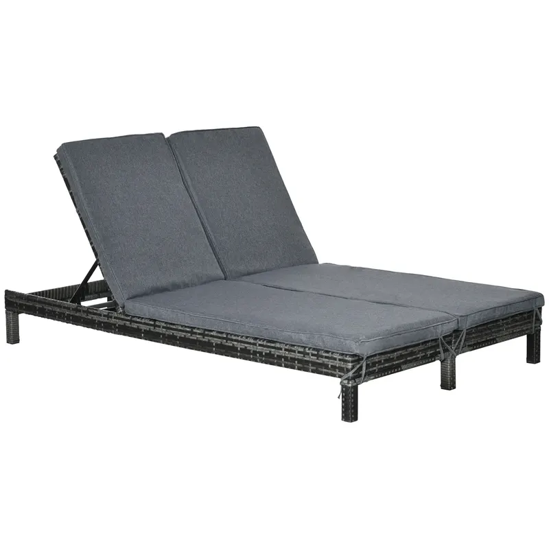 Set Sezlong cu 2 locuri și 2 perne captusite, husa impermeabila, din PE Ratan, Cadru in otel, Gri 195x120x28cm Outsunny | Romania
