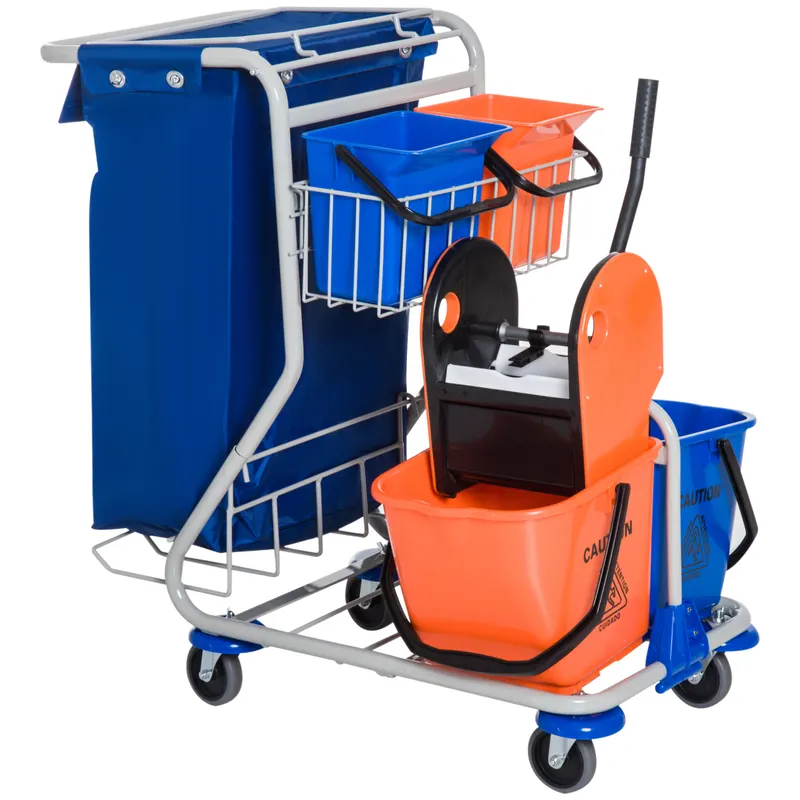 HOMCOM Carucior de Curatare Profesional cu 4 Galeti 18L / 6L Albastru si Portocaliu | Romania