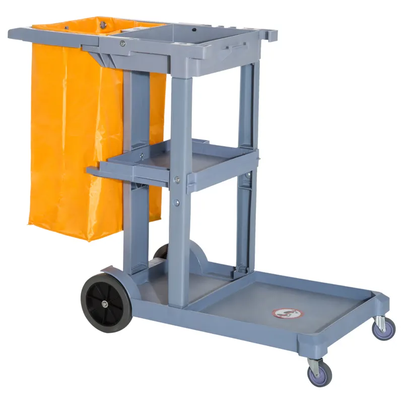 HOMCOM Cărucior pentru Curățenie cu 3 Rafturi, Cârlige pentru Mături, 4 Roți și Sac de 100L,121x50,5x96,5 cm, Portocaliu | Romania