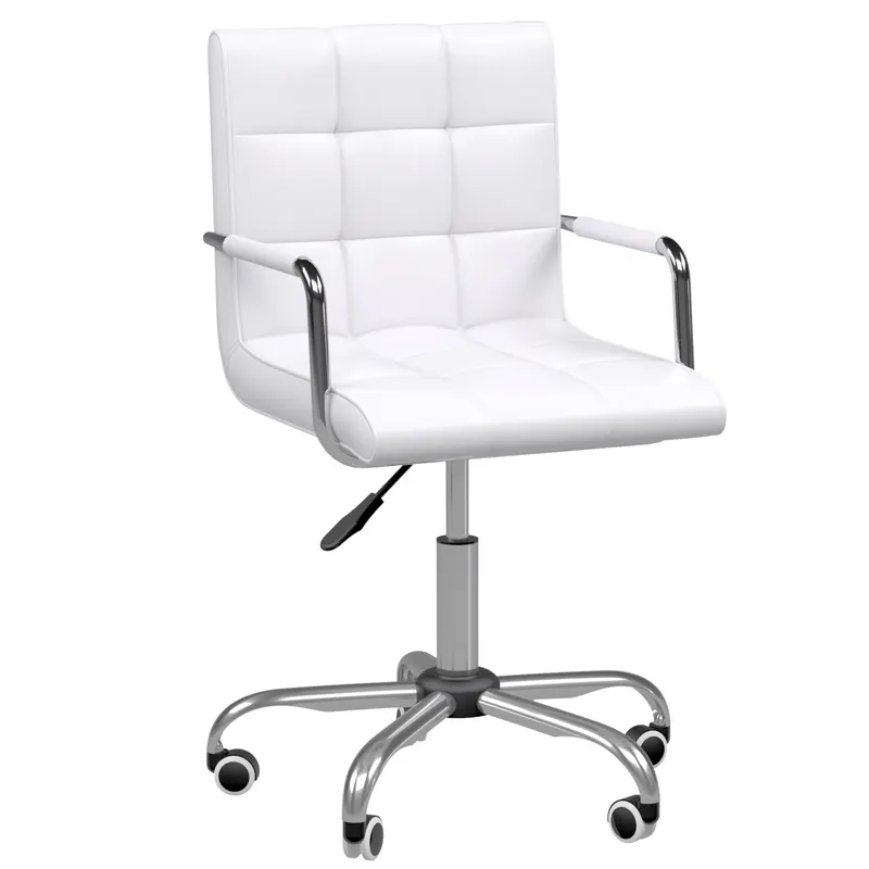 HOMCOM Scaun de Birou din Piele PU cu 5 Rotile Pivotante, Capitonaj și Înălțime Reglabilă, 52,5x54x84-99 cm, Alb | Romania