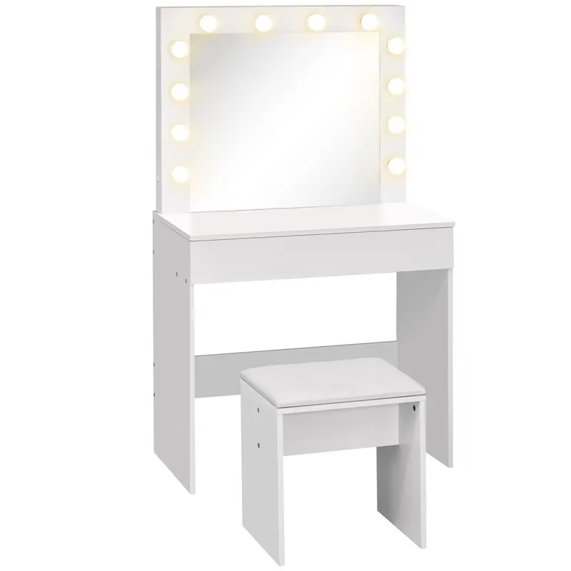 HOMCOM Masă de Machiaj Vintage cu Scaun Tapitat, Oglindă cu 12 Lămpi LED, Sertar Mare, MDF Alb, pentru Dormitor | Romania
