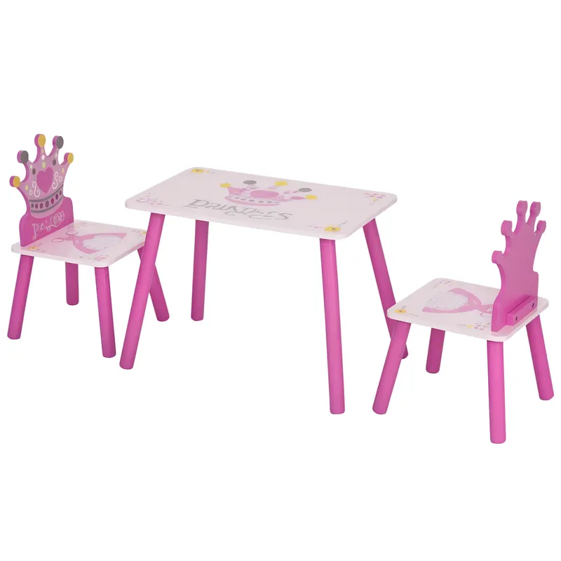 HOMCOM Set Masă și 2 Scaune cu Tematică de Prințese cu Spătare în Formă de Coroană, 55x34x42 cm, Roz | Romania