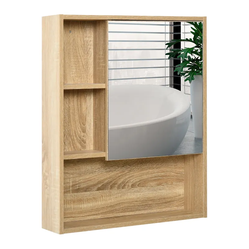 kleankin Dulap Baie cu Oglindă Raft Reglabil Montare Pe Perete Stejar 60x15x76cm Design Elegant | Romania