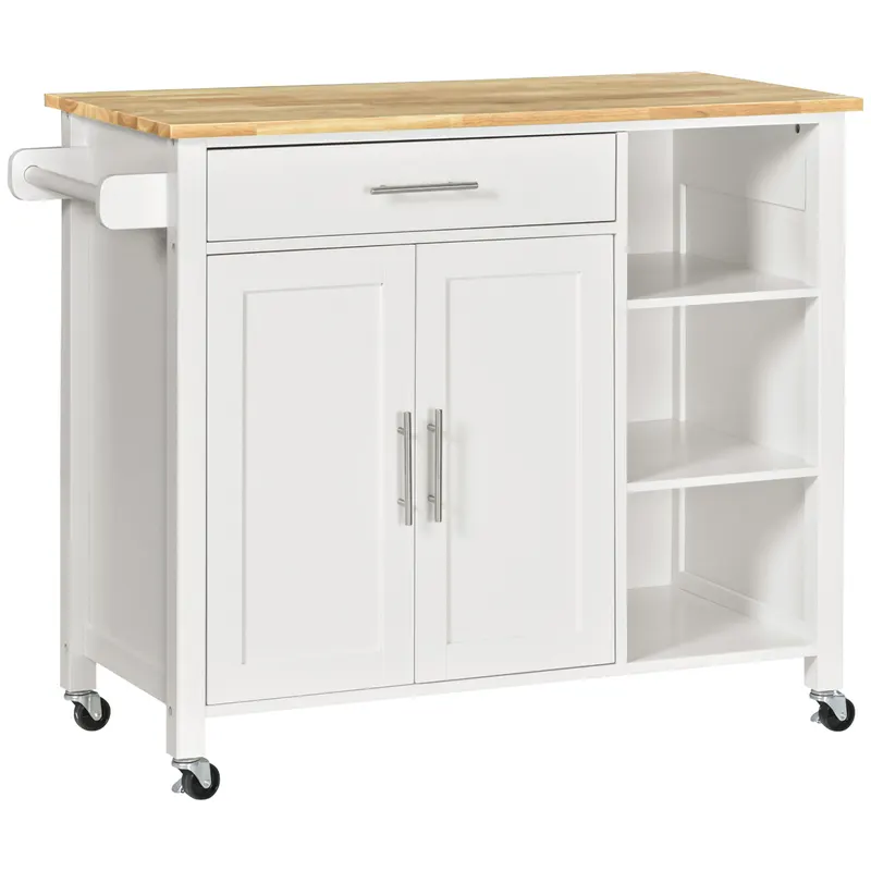 HOMCOM Carucioare de bucatarie cu 4 roți, 3 rafturi, pentru sufragerie, din MDF, Lemn și Cauciuc, 107.5x48x89 cm, Alb | Romania