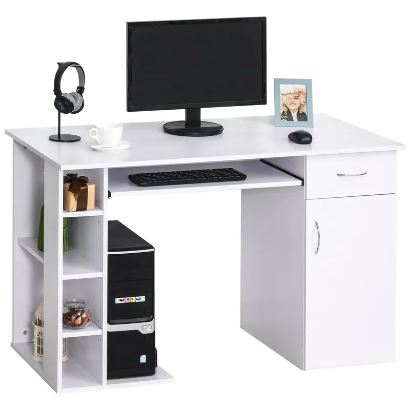 HOMCOM Birou pentru PC, Ergonomic, cu Rafturi, Dulap, Sertar și Suport pentru Tastatură Extensibilă, 120x60x74 cm, Alb | Romania