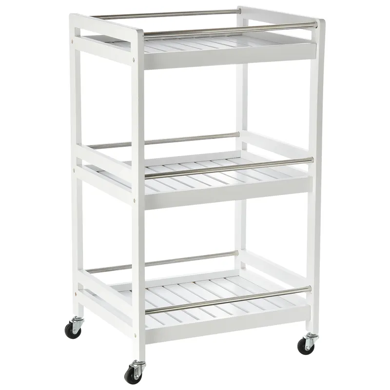 HOMCOM Cărucior de Bucătărie Alb, Lemn și Oțel Inox, 3 Etajere, 4 Roți, Design Modern și Funcțional | Romania