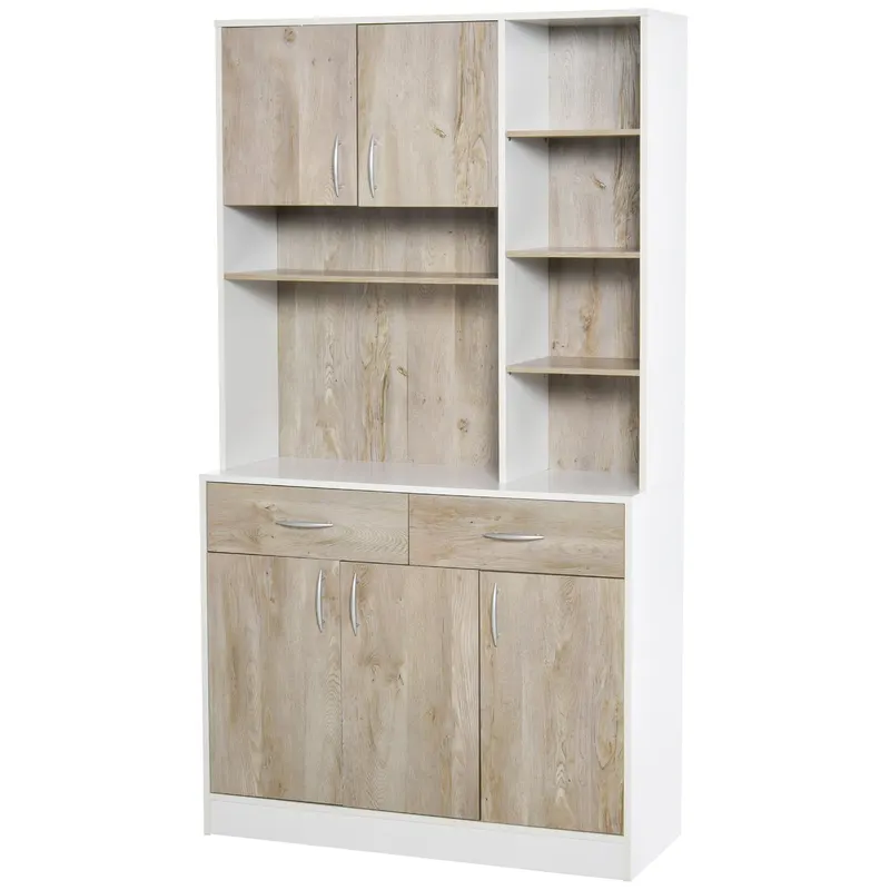 HOMCOM Bufet de Bucătărie Spațios, Dulap cu Sertare și Uși, Design Modern, 100x39x180 cm, Alb și Lemn Natural | Romania
