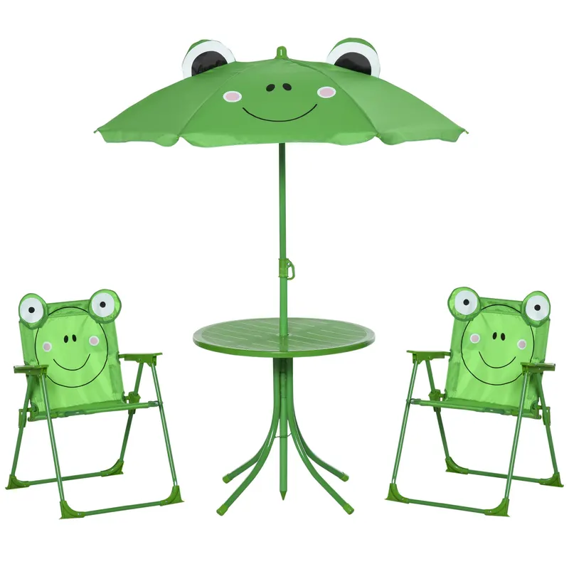 Outsunny Set Masa de Gradina cu 2 Scaune Pliabile si Umbrela pentru Copii din Metal si Poliester, Verde | Romania