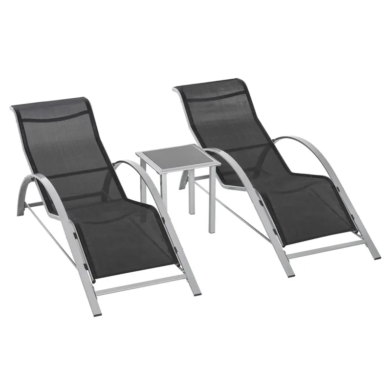 Outsunny Set Mobilier de Grădină: 2 Sezlonguri Pliabile și 1 Măsuță cu Raft din Sticla, Negru, Design Modern | Romania