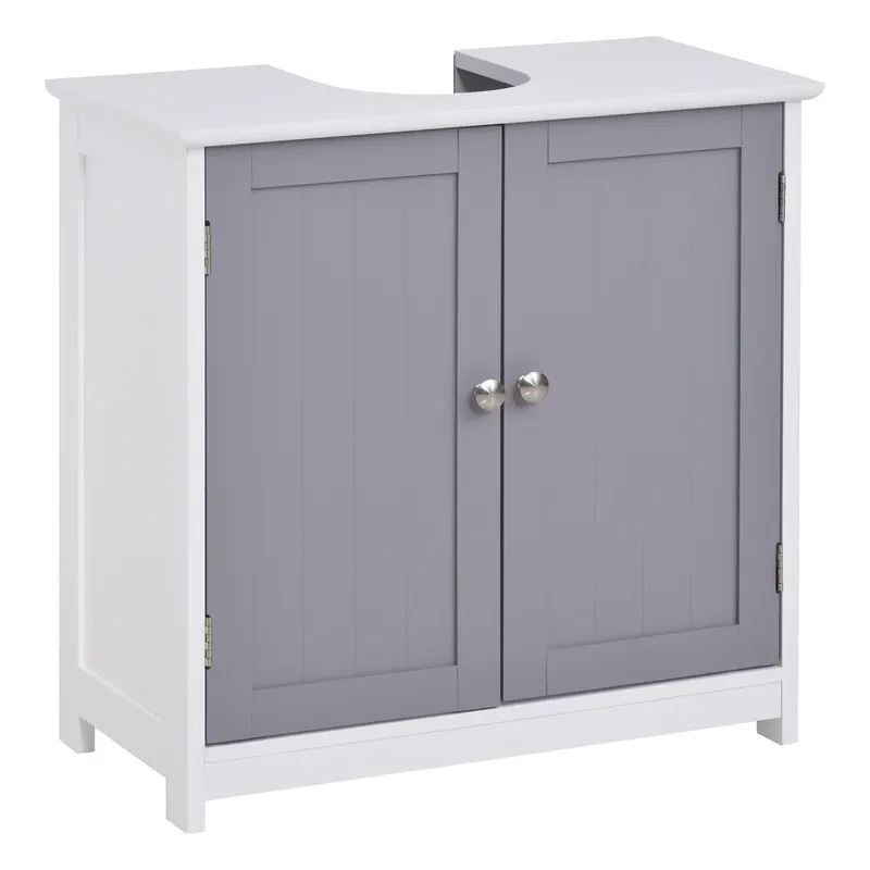 Kleankin Dulap Sub Chiuvetă Baie U-Shape 2 Uși Etajeră Reglabilă MDF Alb Gri 60x30x60cm | Romania