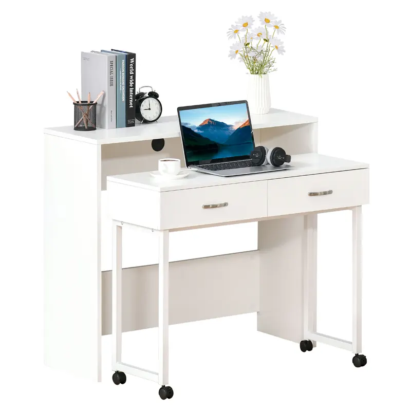 HOMCOM Birou Dublu Ergonomic Separabil cu Role, Rafturi Interioare pentru Organizare Eficientă, Design Modern, Alb, 100x36x88 cm | Romania
