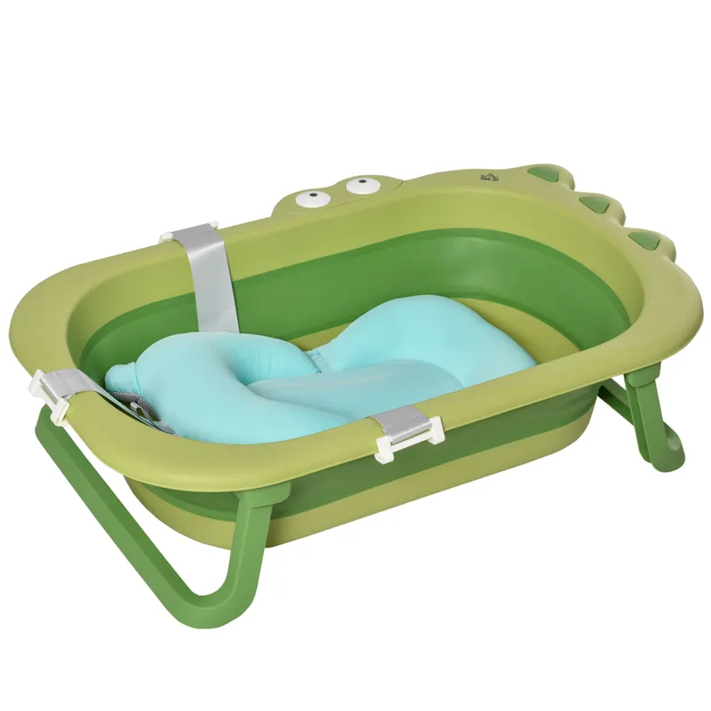 HOMCOM Cadă Pliabilă cu Suport Ajustabil Antiderapant, 80x53.9x20.8cm, Albastru Deschis/Verde, pentru Bebeluși 0-3 Ani | Romania
