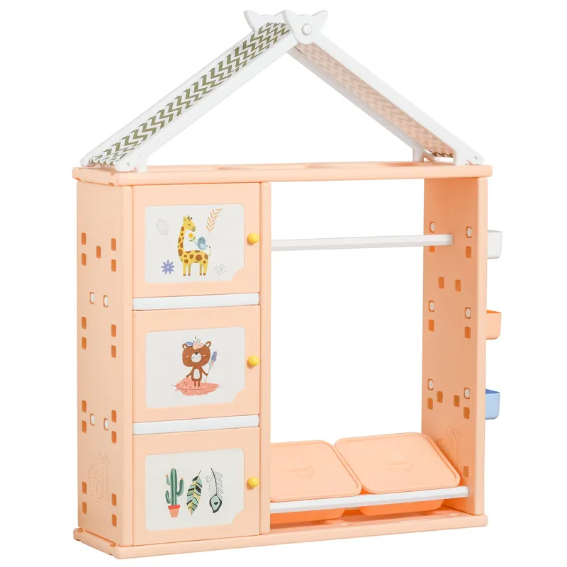 HOMCOM Organizator Jucării cu Containere și Cuier, 128x34x155cm, Portocaliu | Romania