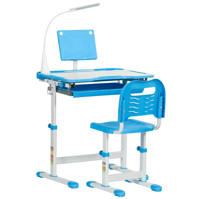 HOMCOM Birou Copii de 6-12 ani cu Lampa, masa cu scaune copii, cu design Ergonomic, Inălțimea Reglabilă, 70x49.5x80-105 cm | Romania
