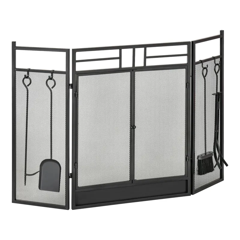 Parascantei pentru Semineu Modern, Paravan pentru Incendiu Pliabil cu 2 Usi din Metal Negru, 122x1.6x80cm Negru HOMCOM | Romania
