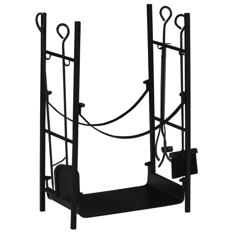 Suport pentru Lemne de Interior si de Exterior din Metal cu Lopata, Matrua, Vatrai si Cleste, Negru, max 70 kg de Lemne Outsunny | Romania