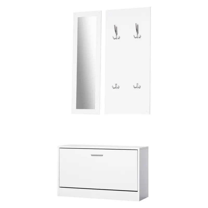 HOMCOM Set 3 Piese Suport pantofi Suport haine Oglinda pentru Hol sau Dormitor, din Lemn, 80x27x46,5cm, Alb | Romania