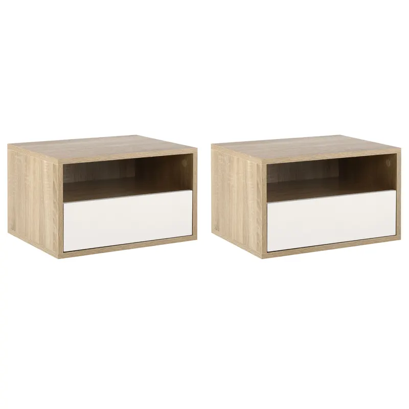 HOMCOM Set de 2 Noptiere Suspendate din Lemn, Design Modern cu Sertar și Raft, Alb și Lemn, 45x35x27.5cm | Romania