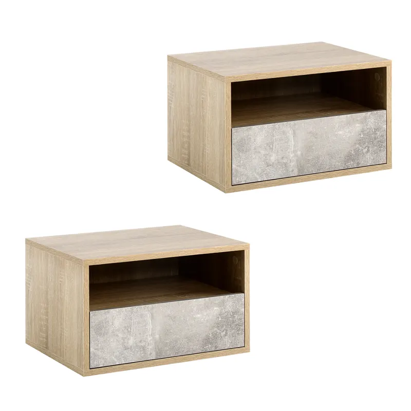 HOMCOM Set de 2 Noptiere Suspendate din Lemn cu Sertar și Raft Deschis, Design Modern, Gri și Lemn, Dimensiuni 45x35x27.5cm | Romania