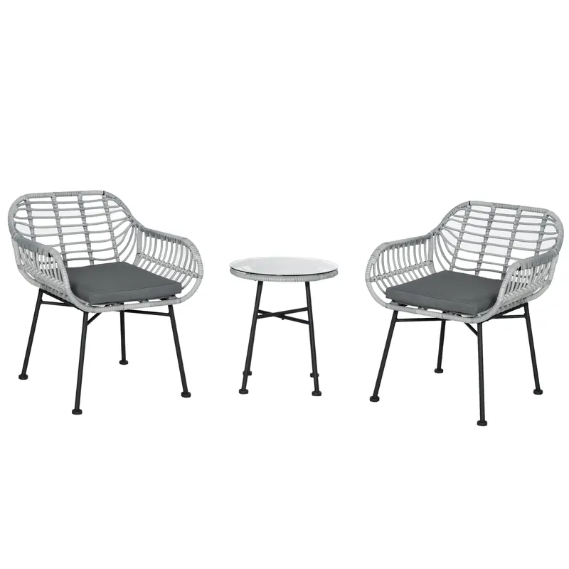 Outsunny Set Mobilier de Grădină din Ratan Gri 3 Piese Salon în Aer Liber cu 2 Scaune și Masă cu Blat de Sticlă pentru Terasă | Romania