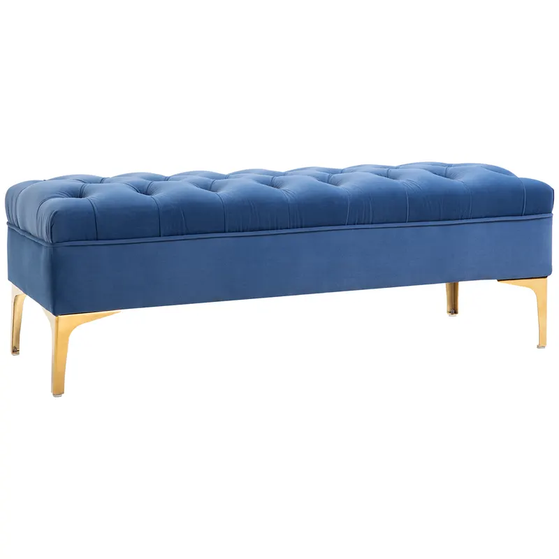 HOMCOM Bancă Hol, Bancă la Capătul Patului din Catifea Albastru Închis, Design Modern cu Picioare Metalice Aurii, 118x45x42cm | Romania