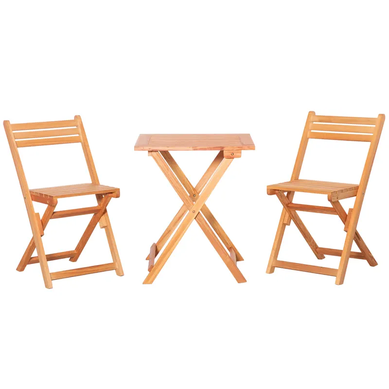 Outsunny Set Mobilier de Grădina din Lemn de Teak, 3 Piese, Masa și Scaune Pliabile, Rezistent la Intemperii, Design Natural | Romania