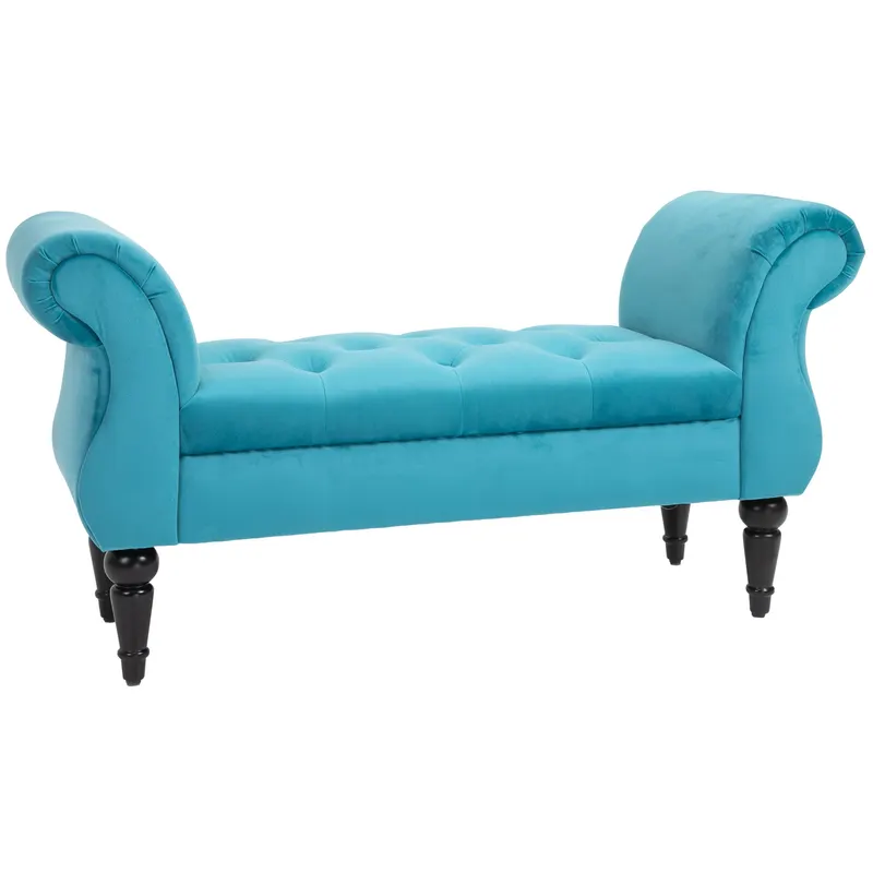 HOMCOM Chaise Captusita Stil Vintage cu Cotiere Tapitate si Cadru din Lemn, Albastru deschis 117x40x58Hcm | Romania