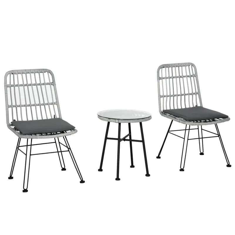 Outsunny Set Mobilier Grădină 3 Piese din Ratan, Salon Exterior cu Măsuță de Cafea și Scaune, Ideal pentru Spații Deschise, Gri | Romania