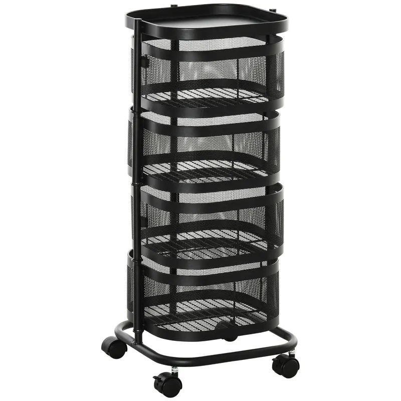 Carucior utilitar rulant cu cosuri metalice rotative, 4 niveluri de depozitare, otel si plastic PP, Negru 33x33x77cm HOMCOM | Romania