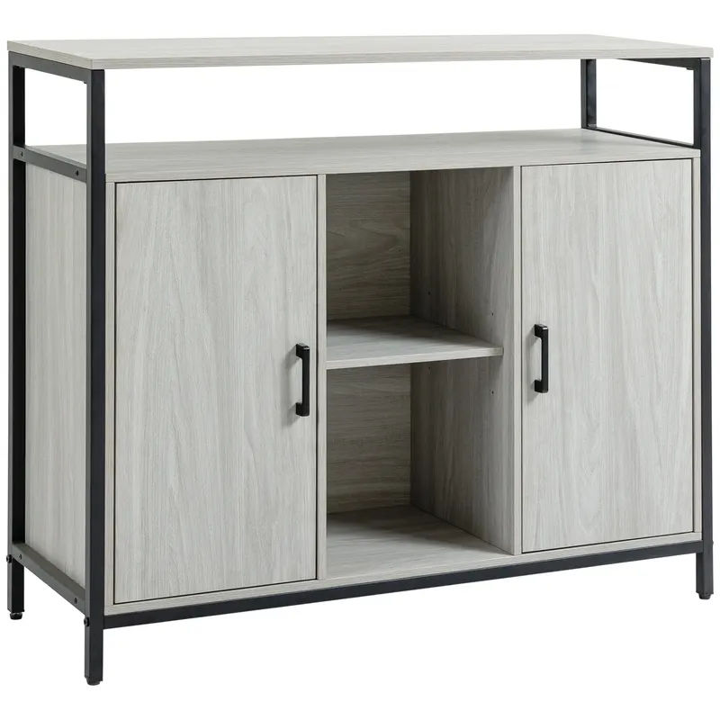 HOMCOM Comodă Modernă din Lemn cu Rafturi și Dulap, Design Anti-Inclinare, MDF și Oțel, Gri Deschis, 100x34x87.2cm | Romania