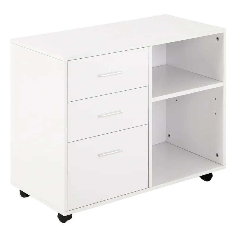 HOMCOM Mobilier Multifuncțional pentru Imprimantă cu 3 Sertare, Birou pe Roti, 80x40x65cm, Spațiu de Depozitare, Alb | Romania