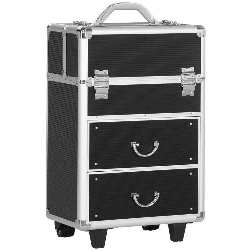 HOMCOM Valiză Profesională pentru Machiaj, Aluminiu și Oțel Armat, cu Încuietoare și Roti, Negru 36x23x58cm | Romania
