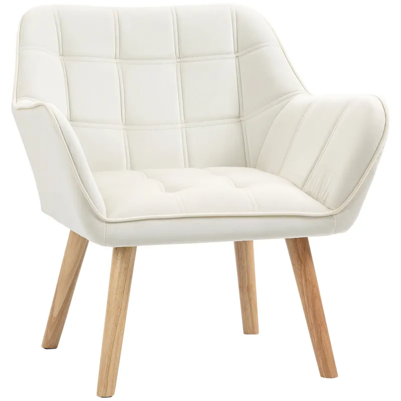 Fotoliu de design scandinav HOMCOM din lemn si catifea crem, pentru sufragerie/birou, 68,5x61x72,5cm | Romania